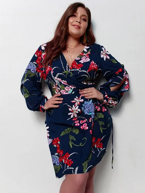 OEM ODM V-Neck Floral Print Slit Self-Tie Wrap Long Sleeve Plus Size Dress