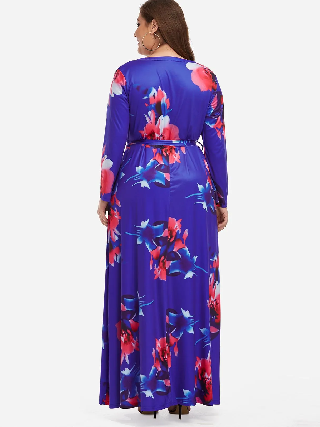 OEM ODM V-Neck Floral Print Wrap Long Sleeve Plus Size Maxi Dresses