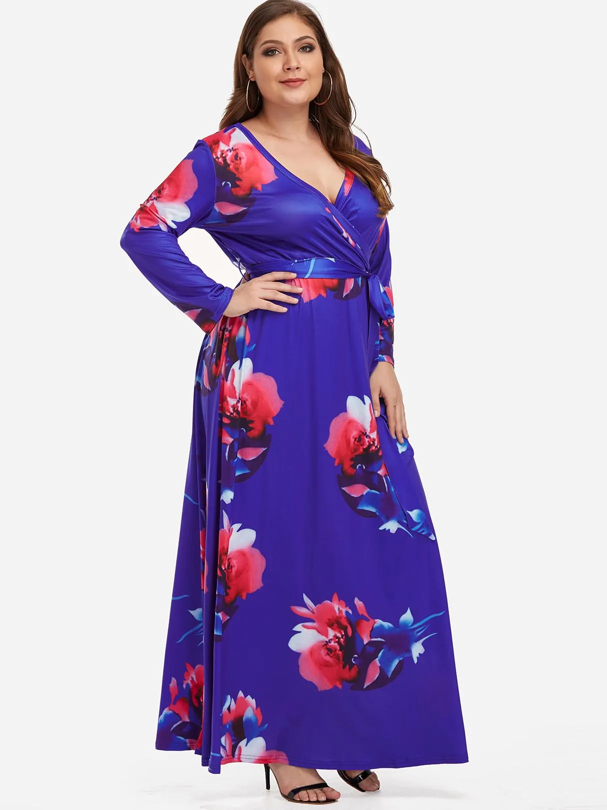 OEM ODM V-Neck Floral Print Wrap Long Sleeve Plus Size Maxi Dresses