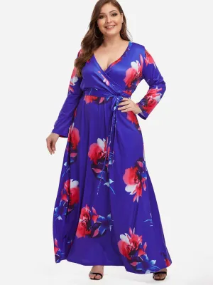 OEM ODM V-Neck Floral Print Wrap Long Sleeve Plus Size Maxi Dresses