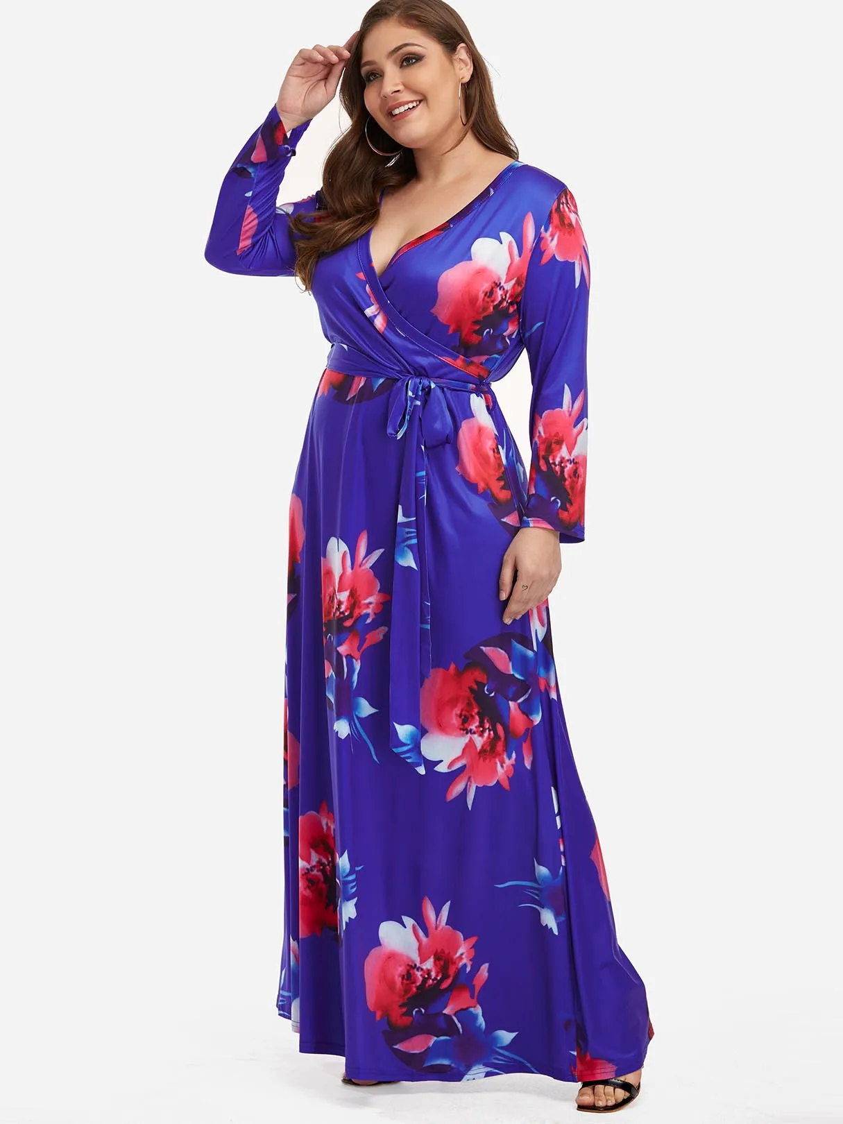 OEM ODM V-Neck Floral Print Wrap Long Sleeve Plus Size Maxi Dresses