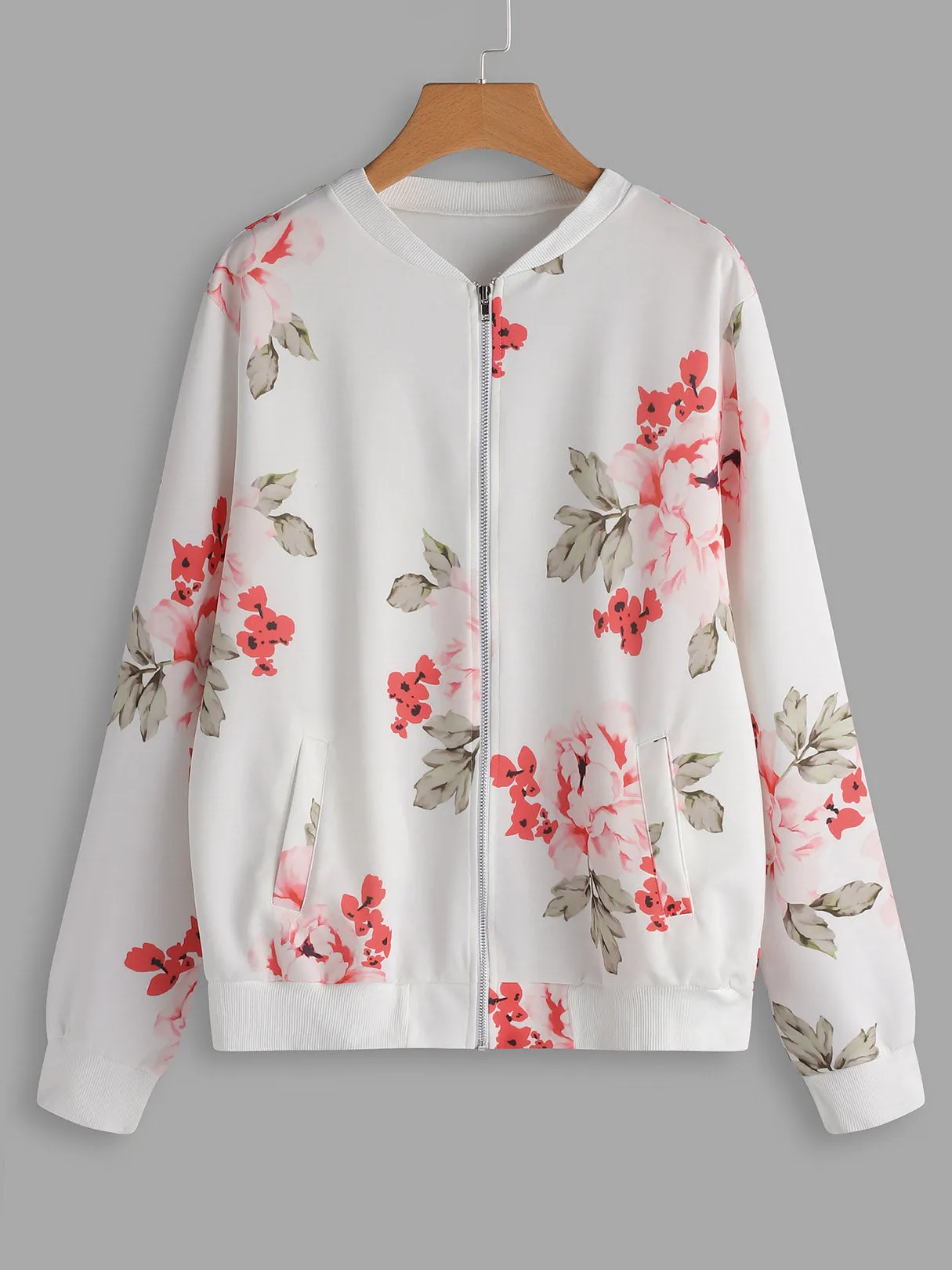 OEM ODM V-Neck Floral Print Zip Back Long Sleeve Plus Size Coats & Jackets