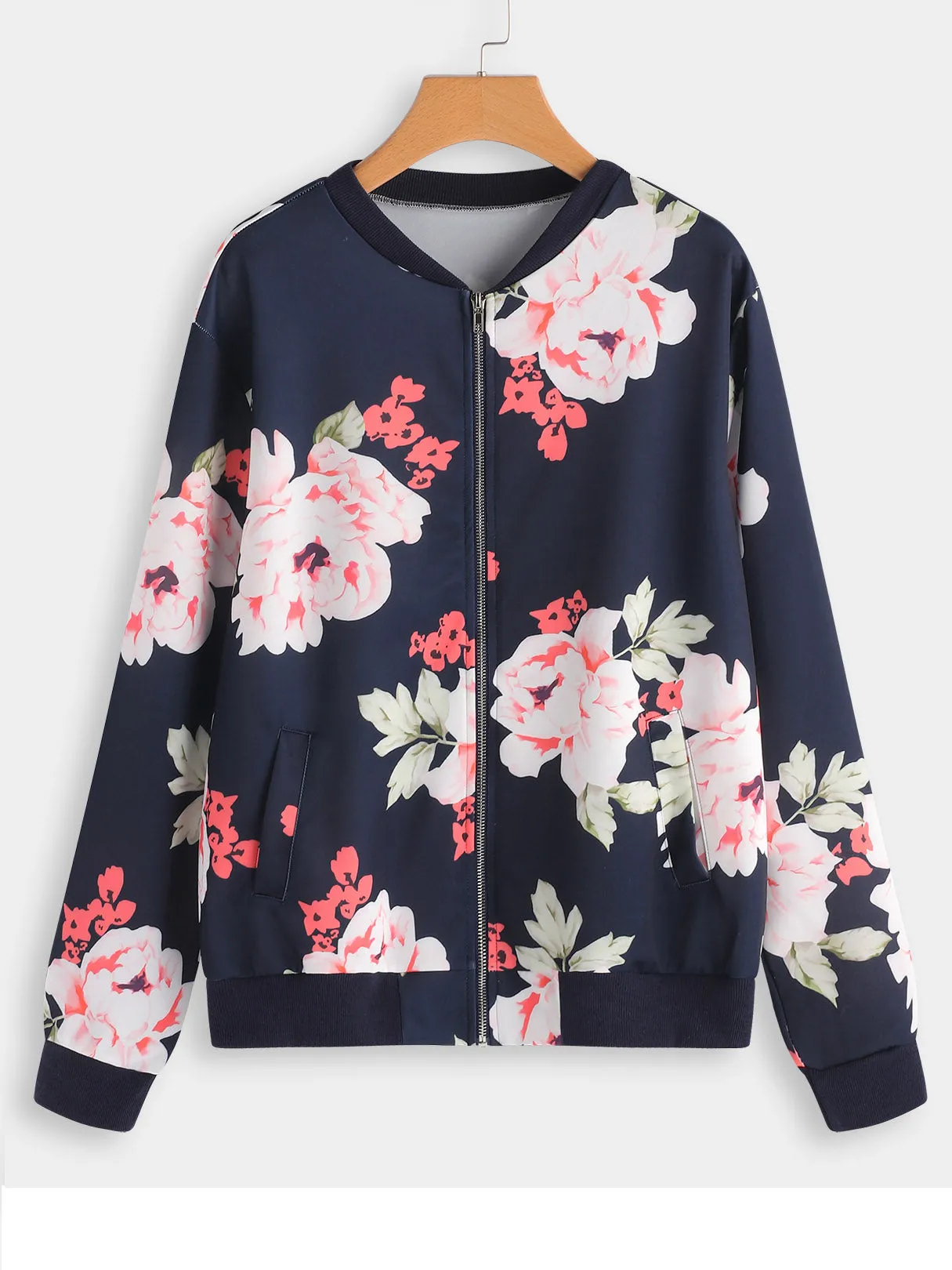 OEM ODM V-Neck Floral Print Zip Back Long Sleeve Plus Size Coats & Jackets