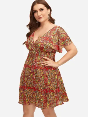 OEM ODM V-Neck Geometrical Short Sleeve Pink Plus Size Midi Dress
