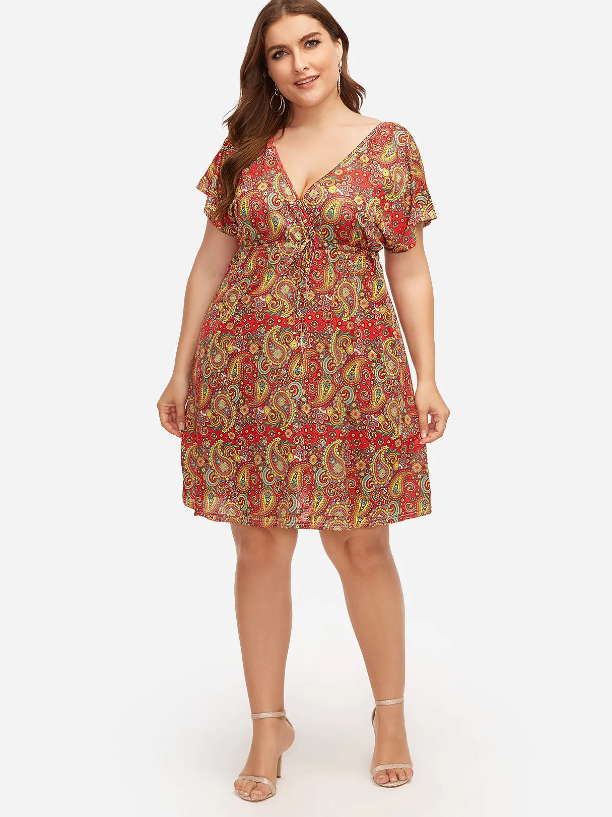 OEM ODM V-Neck Geometrical Short Sleeve Pink Plus Size Midi Dress