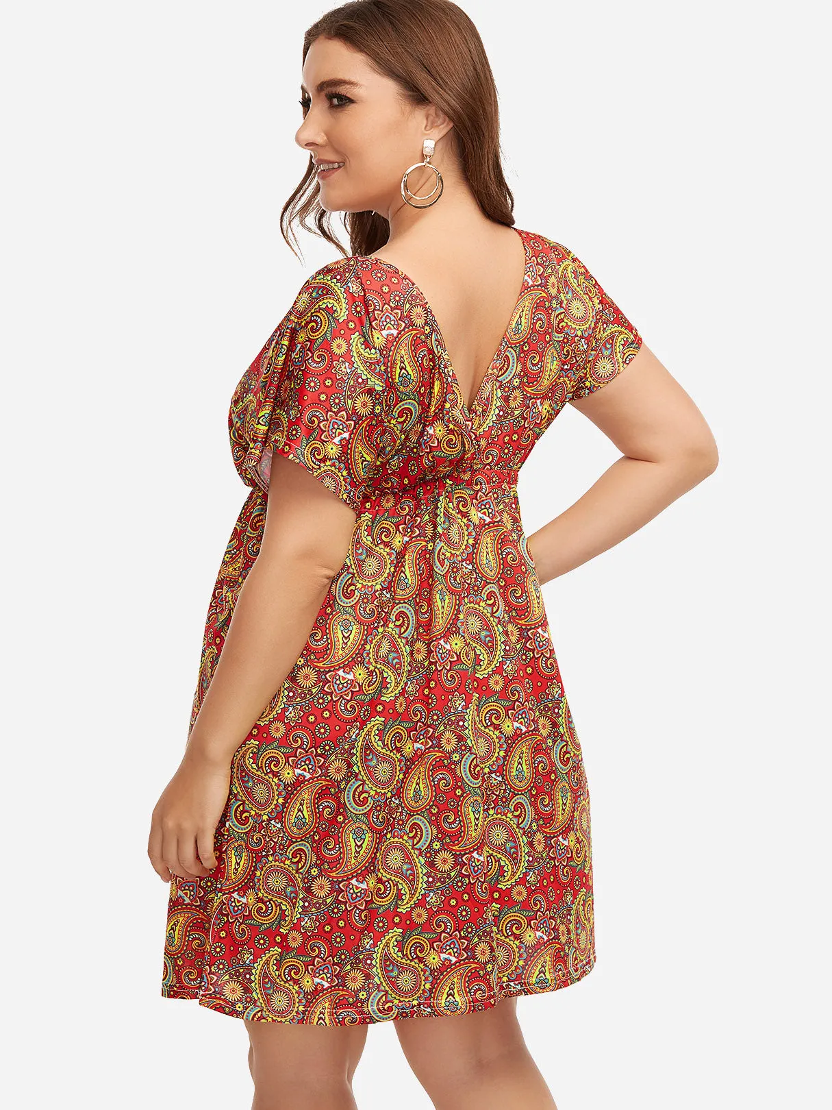 OEM ODM V-Neck Geometrical Short Sleeve Pink Plus Size Midi Dress