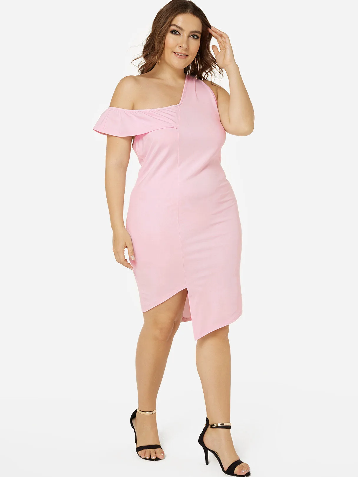 OEM ODM V-Neck One Shoulder Plain Sleeveless Asymmetrical Hem Pink Plus Size Dresses