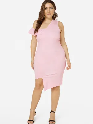 OEM ODM V-Neck One Shoulder Plain Sleeveless Asymmetrical Hem Pink Plus Size Dresses
