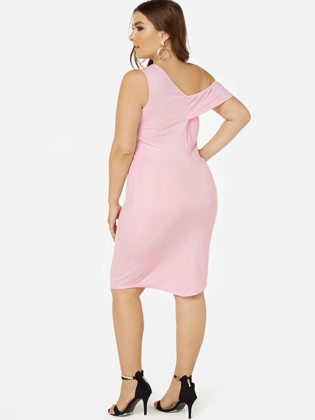 OEM ODM V-Neck One Shoulder Plain Sleeveless Asymmetrical Hem Pink Plus Size Dresses
