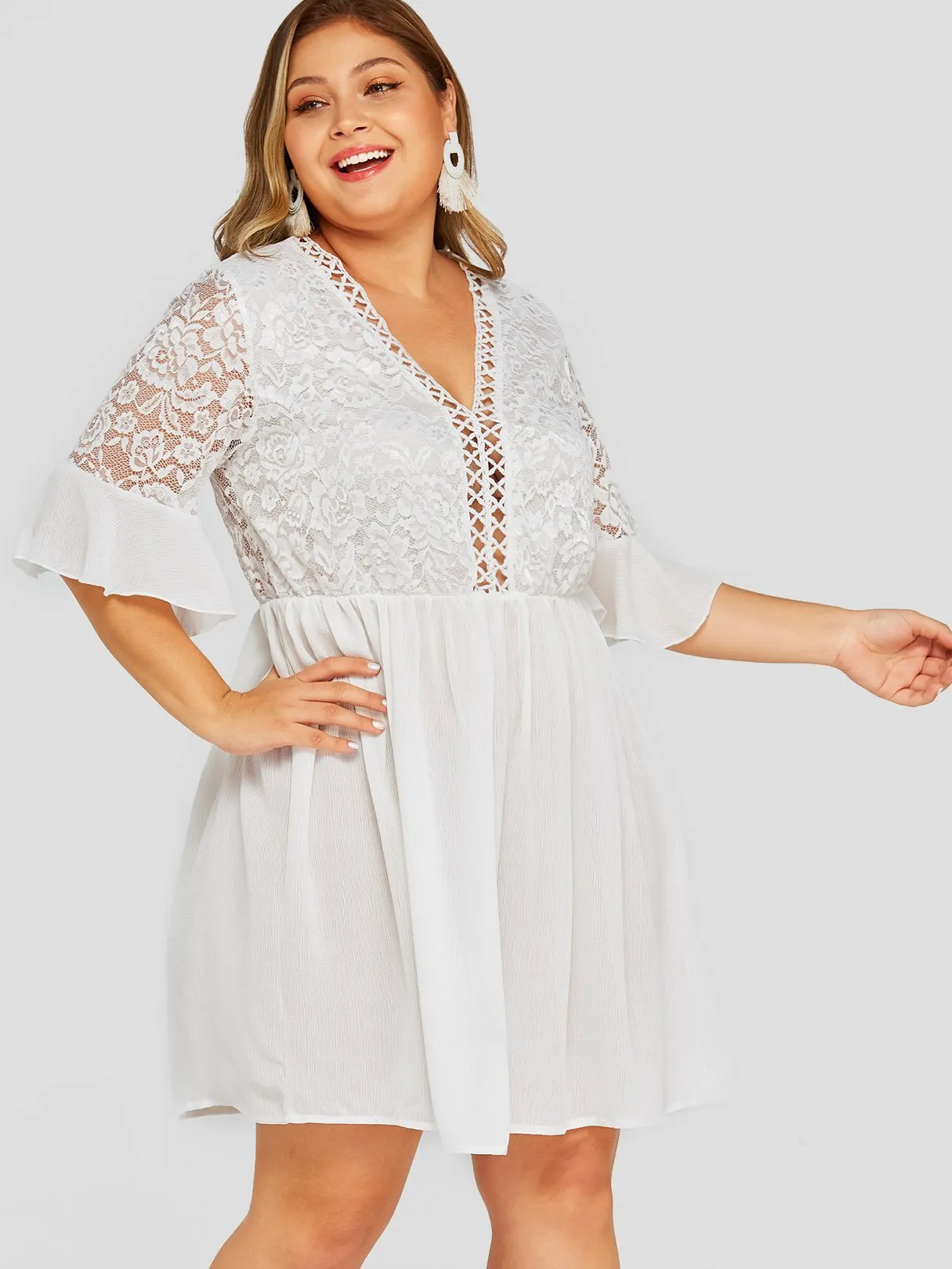 OEM ODM V-Neck Plain Hollow Half Sleeve White Plus Size Dress