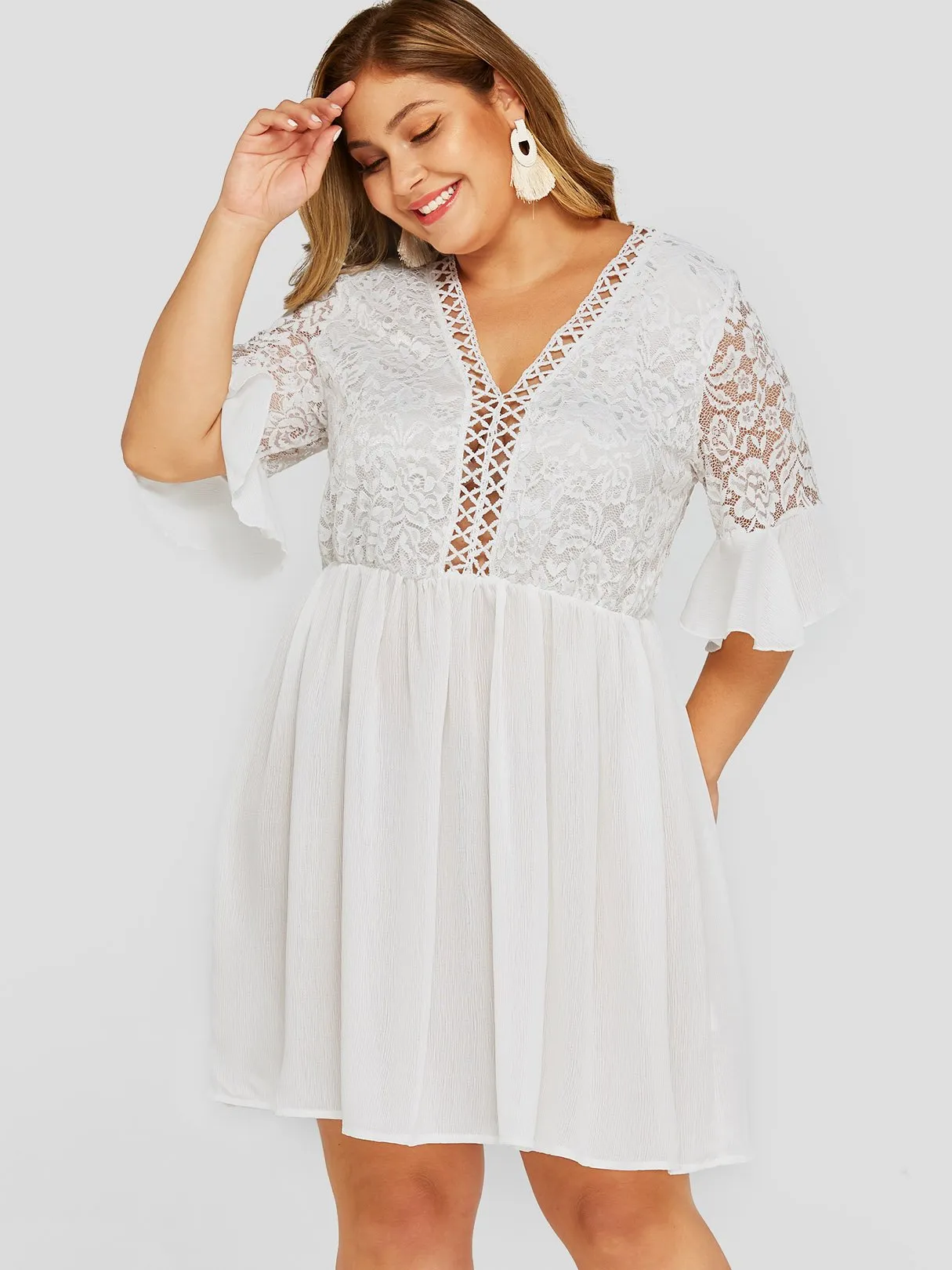 OEM ODM V-Neck Plain Hollow Half Sleeve White Plus Size Dress