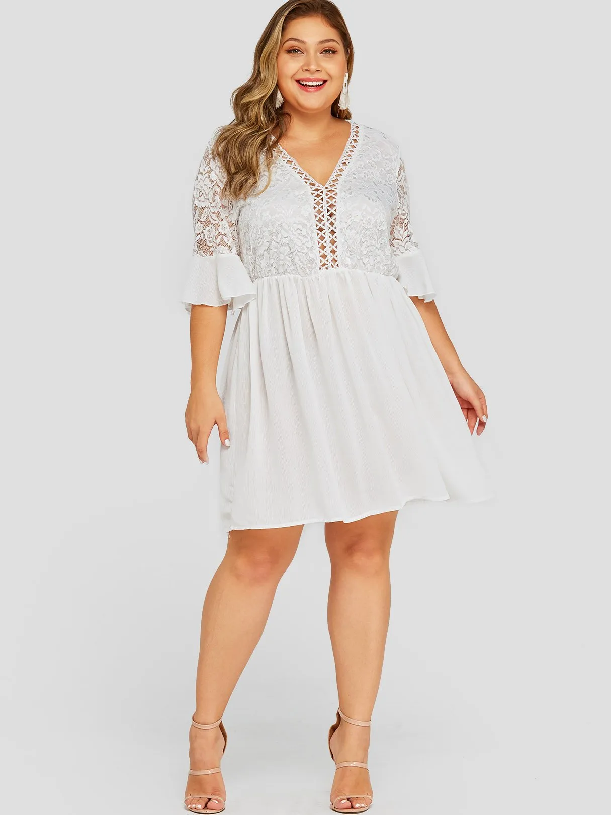 OEM ODM V-Neck Plain Hollow Half Sleeve White Plus Size Dress