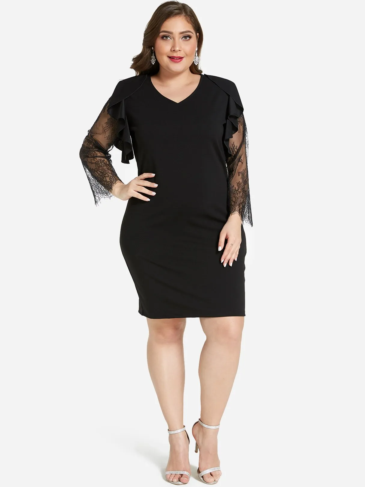 OEM ODM V-Neck Plain Lace Long Sleeve Plus Size Dress