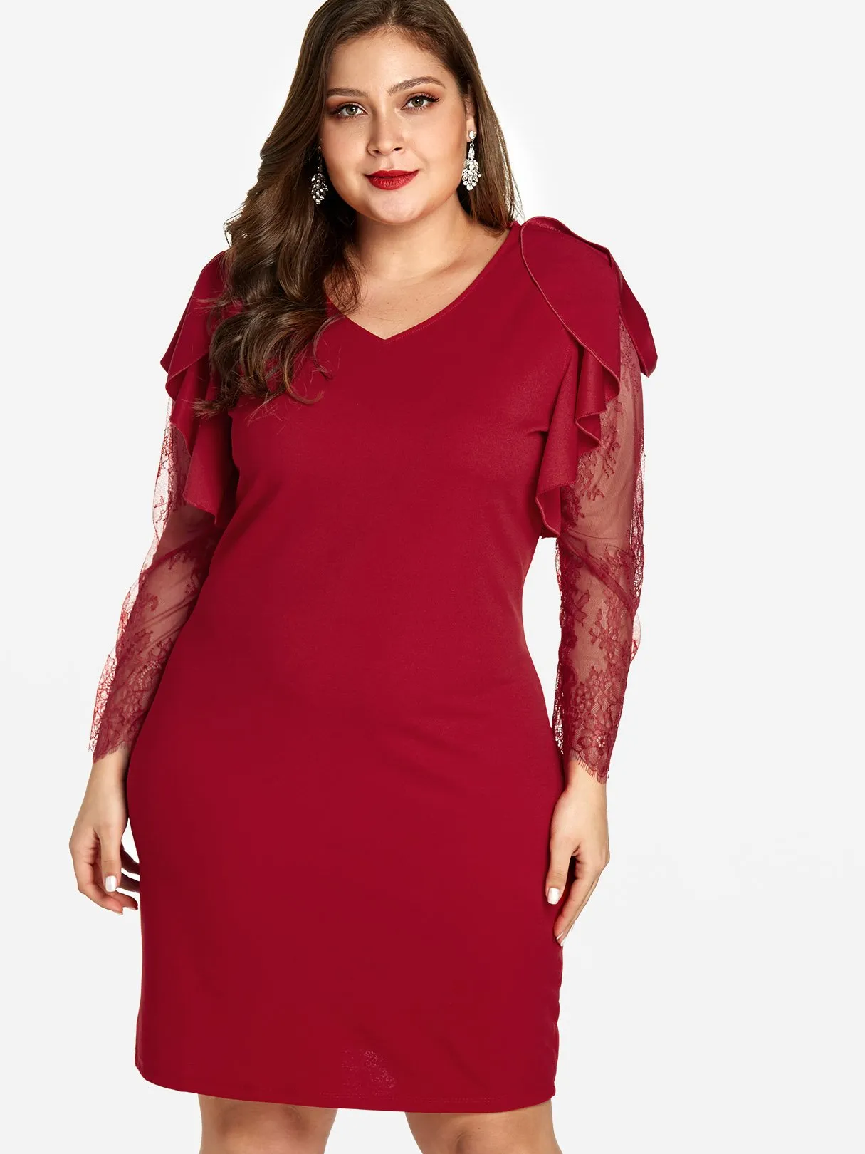 OEM ODM V-Neck Plain Lace Long Sleeve Plus Size Dress