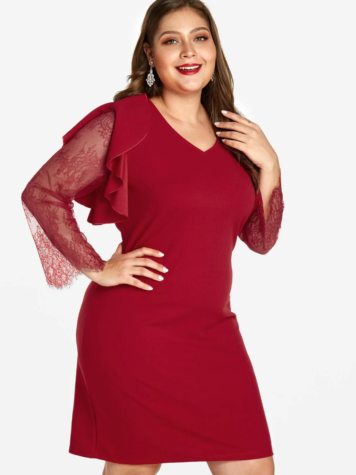 OEM ODM V-Neck Plain Lace Long Sleeve Plus Size Dress