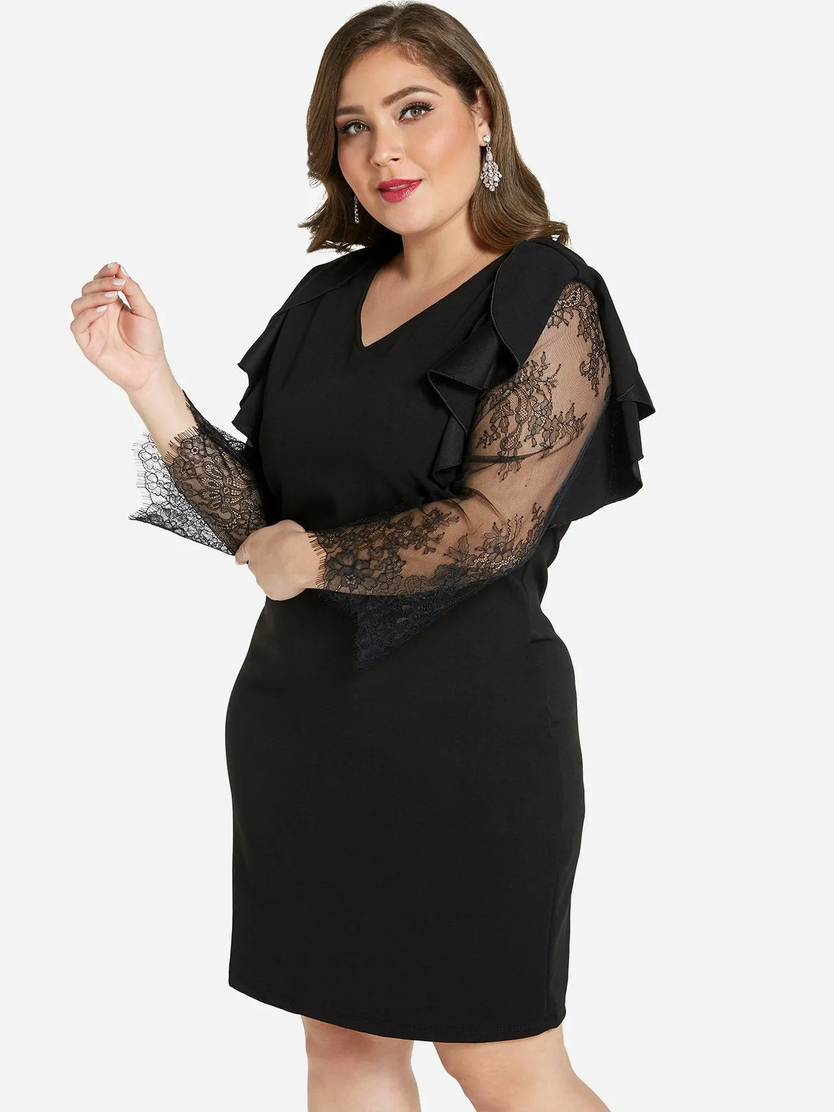 OEM ODM V-Neck Plain Lace Long Sleeve Plus Size Dress