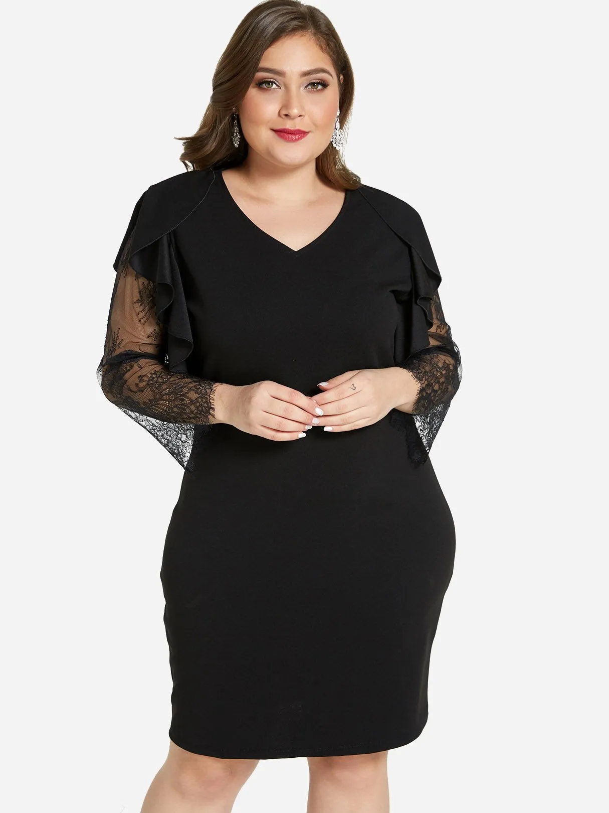 OEM ODM V-Neck Plain Lace Long Sleeve Plus Size Dress
