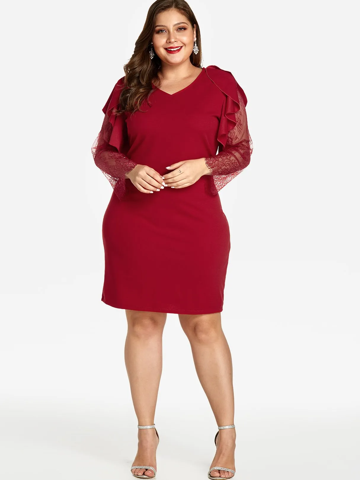 OEM ODM V-Neck Plain Lace Long Sleeve Plus Size Dress