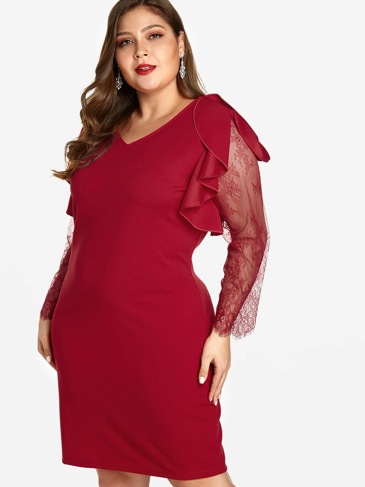 OEM ODM V-Neck Plain Lace Long Sleeve Plus Size Dress