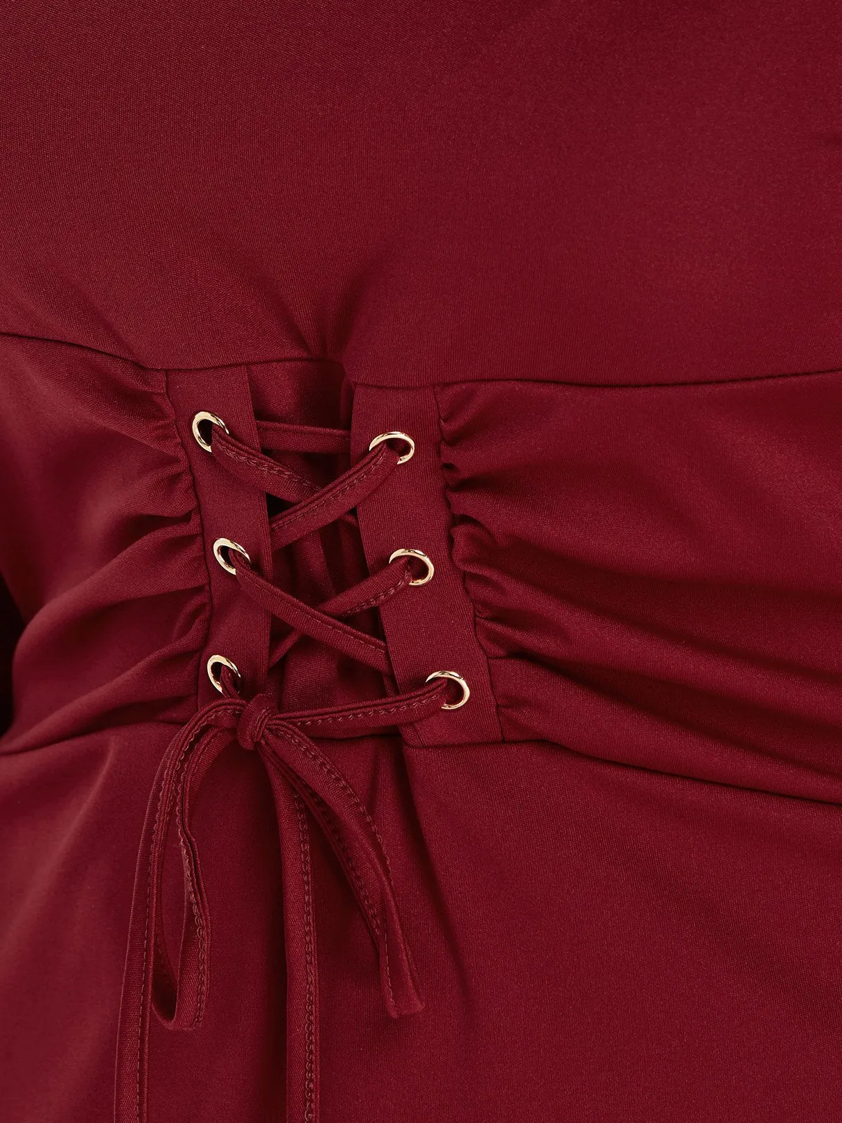 OEM ODM V-Neck Plain Lace-Up Self-Tie 3/4 Sleeve Burgundy Plus Size Dress