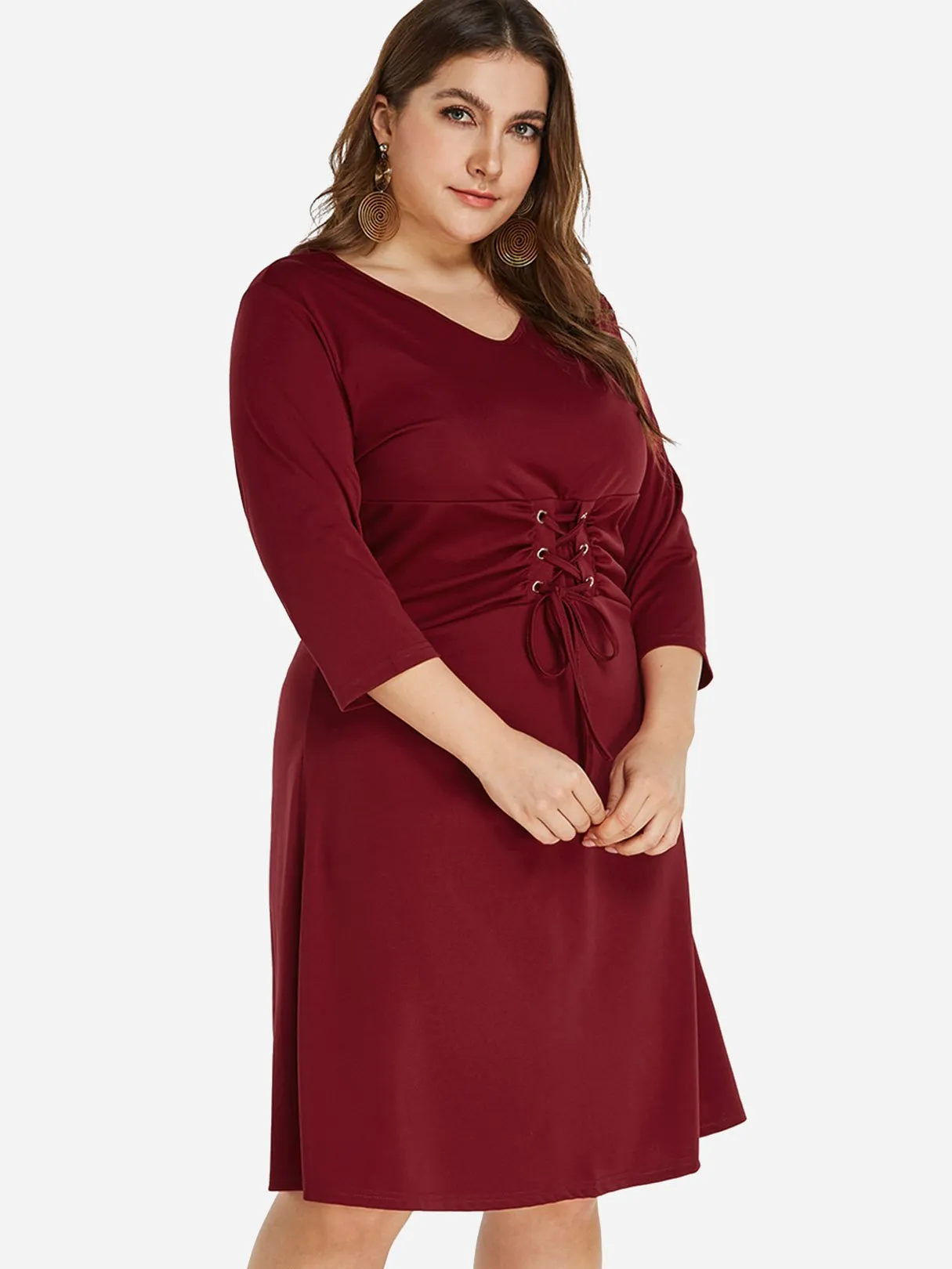 OEM ODM V-Neck Plain Lace-Up Self-Tie 3/4 Sleeve Burgundy Plus Size Dress