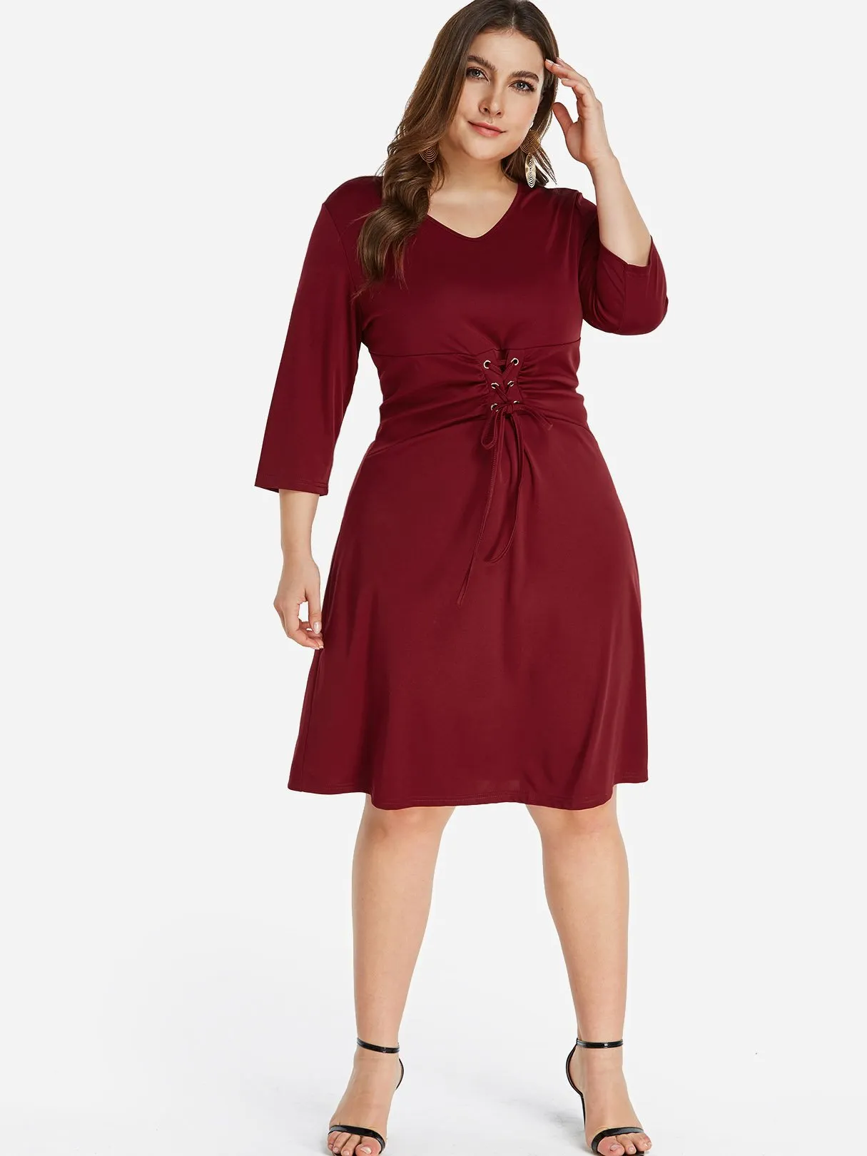 OEM ODM V-Neck Plain Lace-Up Self-Tie 3/4 Sleeve Burgundy Plus Size Dress