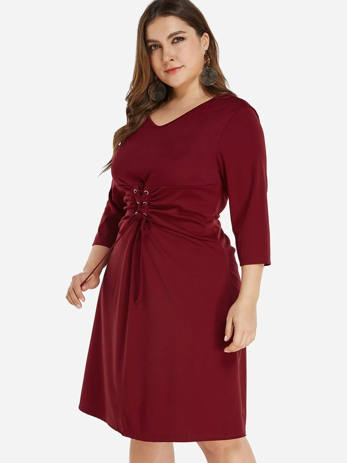 OEM ODM V-Neck Plain Lace-Up Self-Tie 3/4 Sleeve Burgundy Plus Size Dress