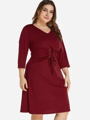 OEM ODM V-Neck Plain Lace-Up Self-Tie 3/4 Sleeve Burgundy Plus Size Dress