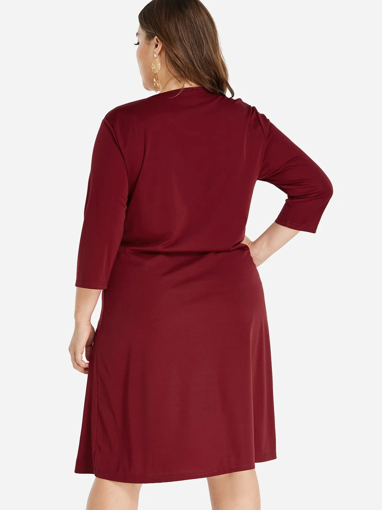 OEM ODM V-Neck Plain Lace-Up Self-Tie 3/4 Sleeve Burgundy Plus Size Dress