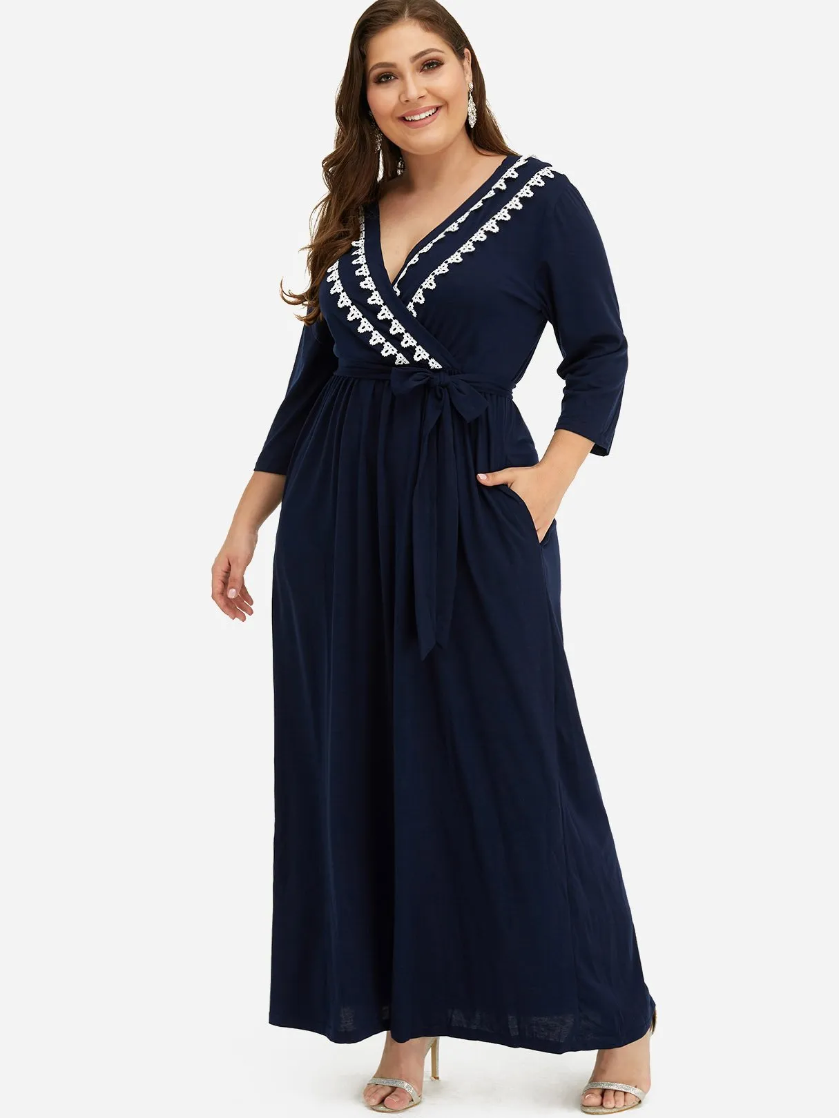 OEM ODM V-Neck Plain Pleated Self-Tie Wrap 3/4 Sleeve Plus Size Dress