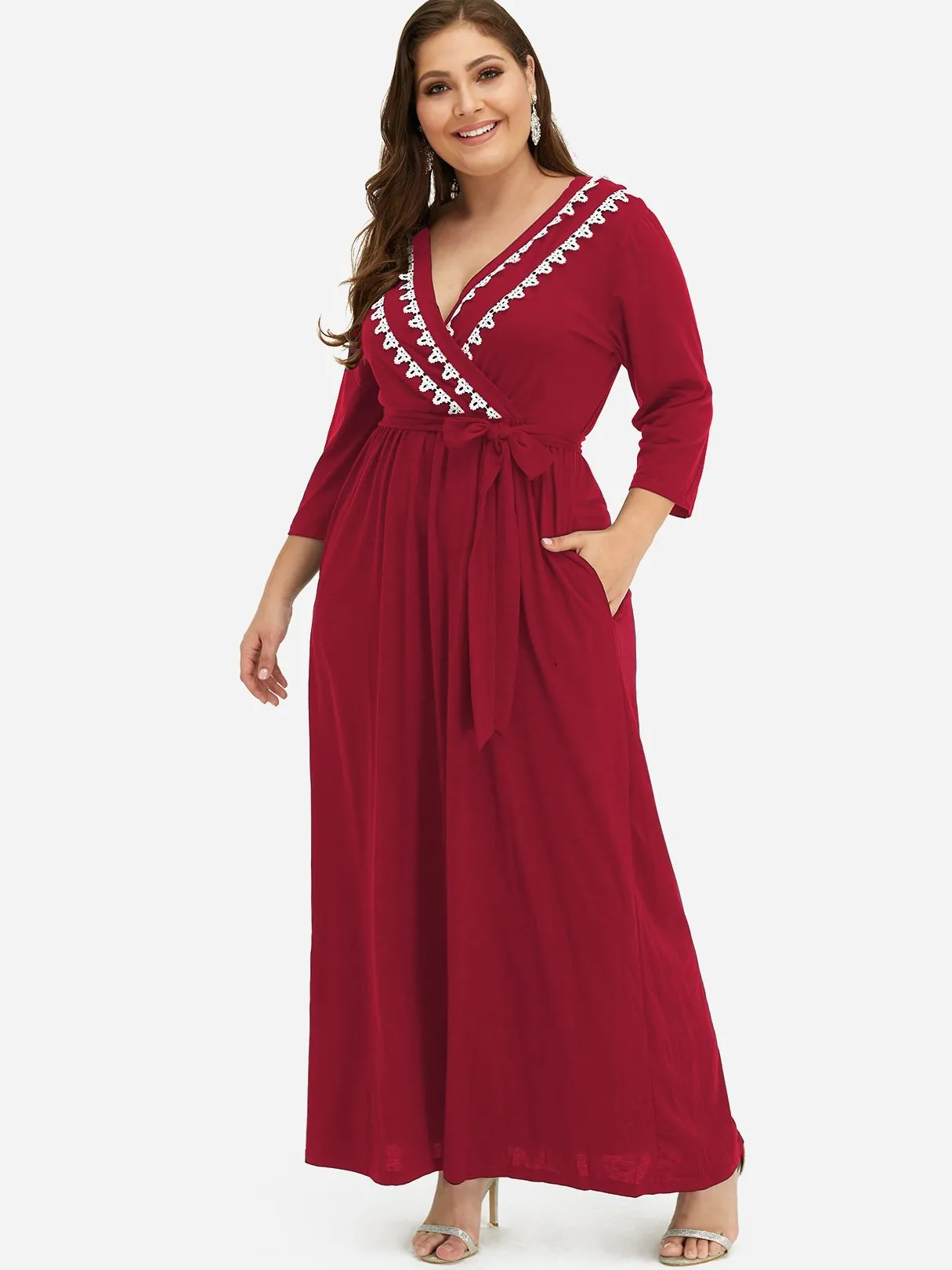 OEM ODM V-Neck Plain Pleated Self-Tie Wrap 3/4 Sleeve Plus Size Dress