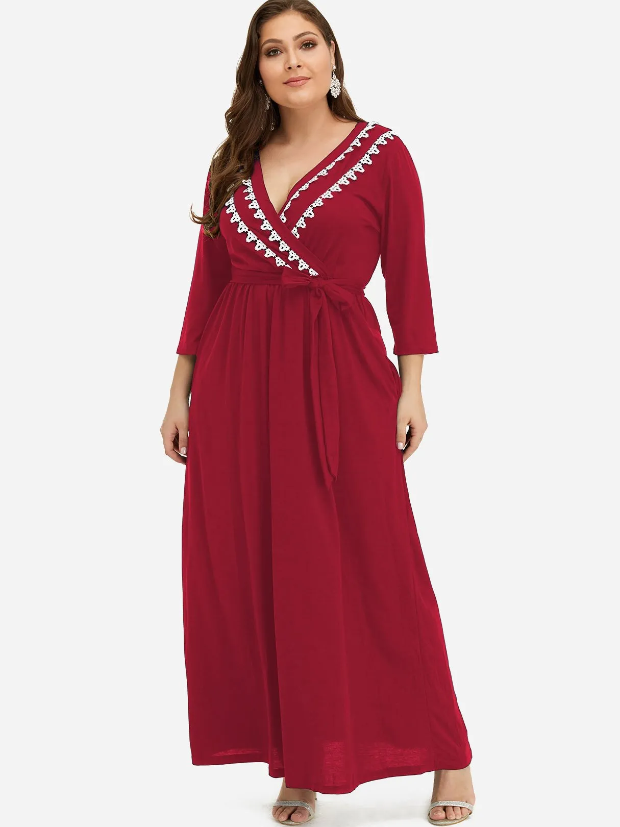 OEM ODM V-Neck Plain Pleated Self-Tie Wrap 3/4 Sleeve Plus Size Dress