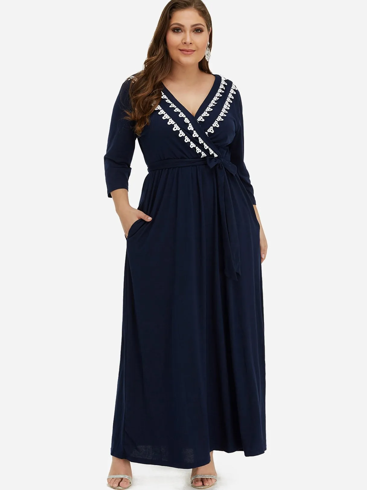 OEM ODM V-Neck Plain Pleated Self-Tie Wrap 3/4 Sleeve Plus Size Dress