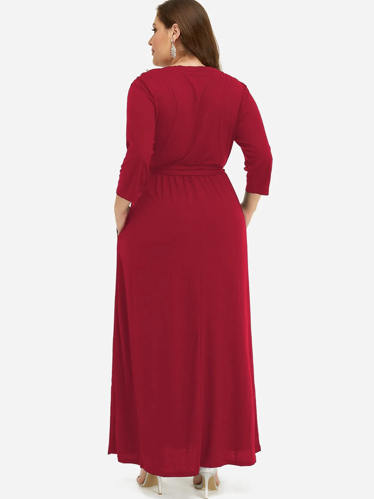 OEM ODM V-Neck Plain Pleated Self-Tie Wrap 3/4 Sleeve Plus Size Dress