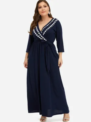 OEM ODM V-Neck Plain Pleated Self-Tie Wrap 3/4 Sleeve Plus Size Dress