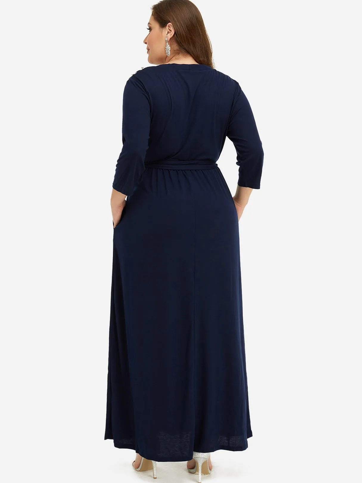 OEM ODM V-Neck Plain Pleated Self-Tie Wrap 3/4 Sleeve Plus Size Dress