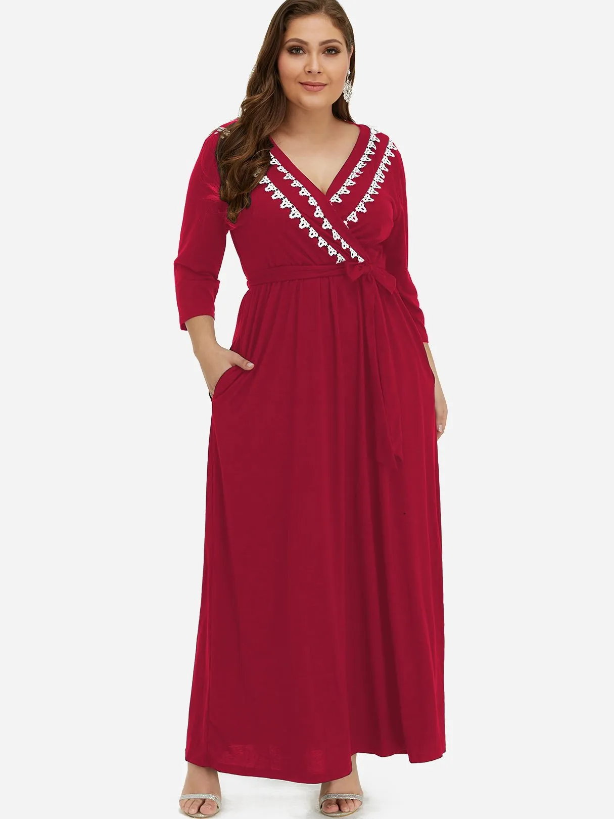OEM ODM V-Neck Plain Pleated Self-Tie Wrap 3/4 Sleeve Plus Size Dress