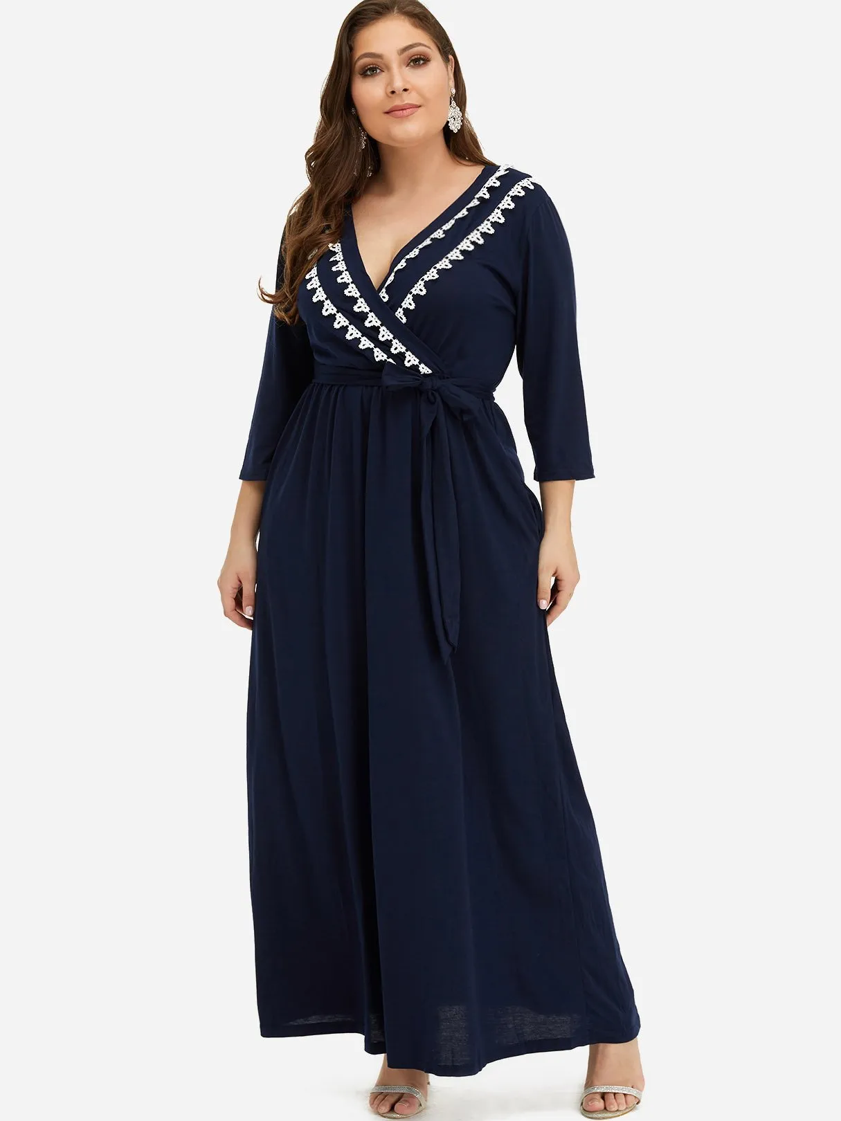 OEM ODM V-Neck Plain Pleated Self-Tie Wrap 3/4 Sleeve Plus Size Dress