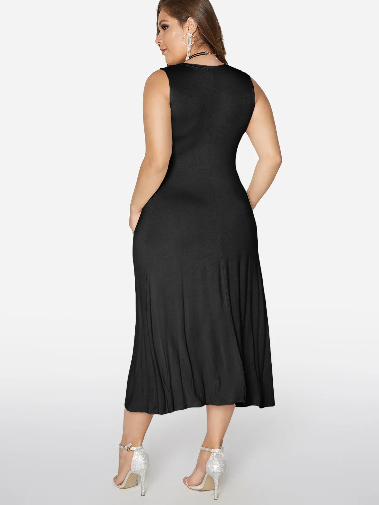 OEM ODM V-Neck Plain Pleated Sleeveless Black Plus Size Maxi Dress