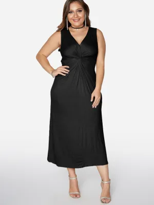 OEM ODM V-Neck Plain Pleated Sleeveless Black Plus Size Maxi Dress