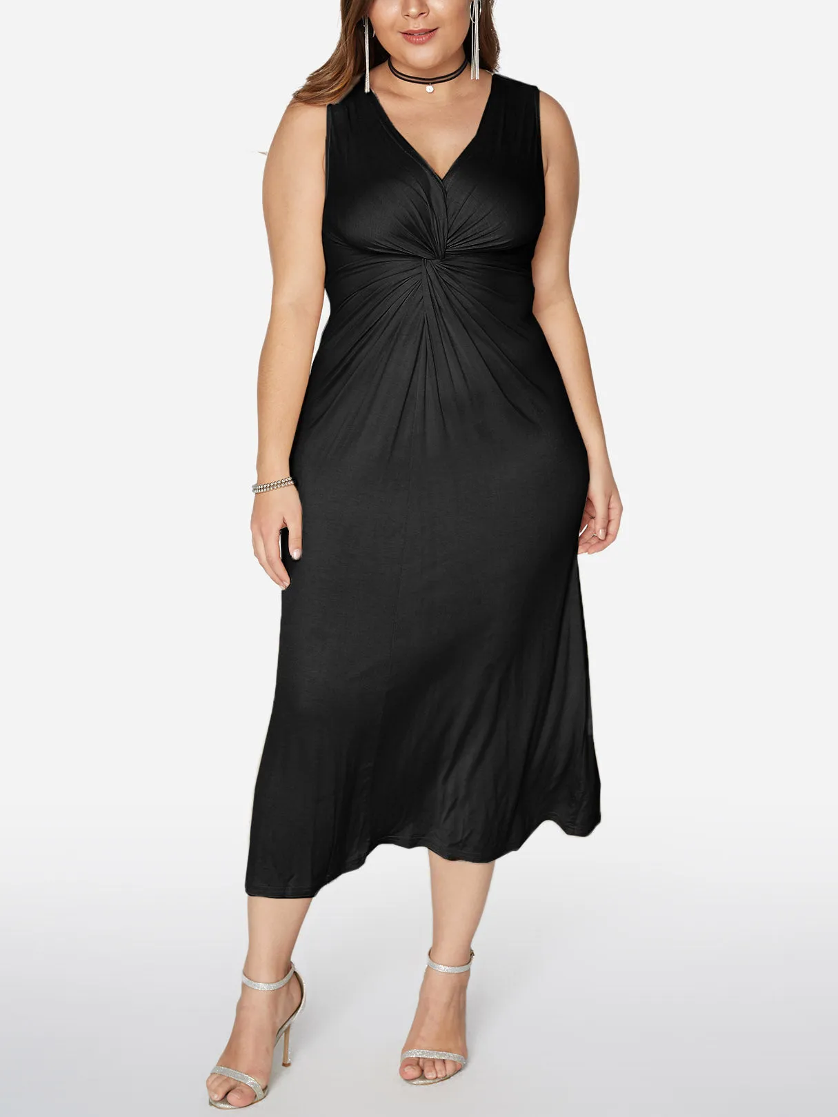 OEM ODM V-Neck Plain Pleated Sleeveless Black Plus Size Maxi Dress