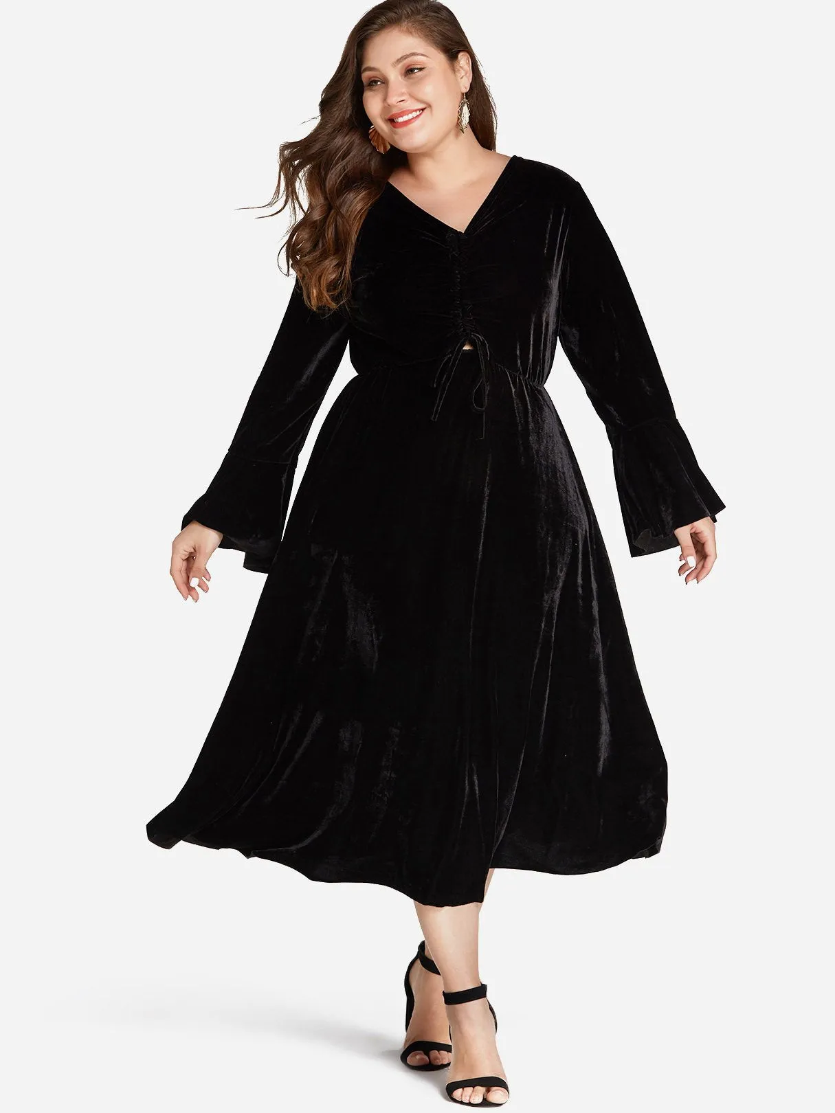 OEM ODM V-Neck Plain Self-Tie Long Sleeve Black Plus Size Dress