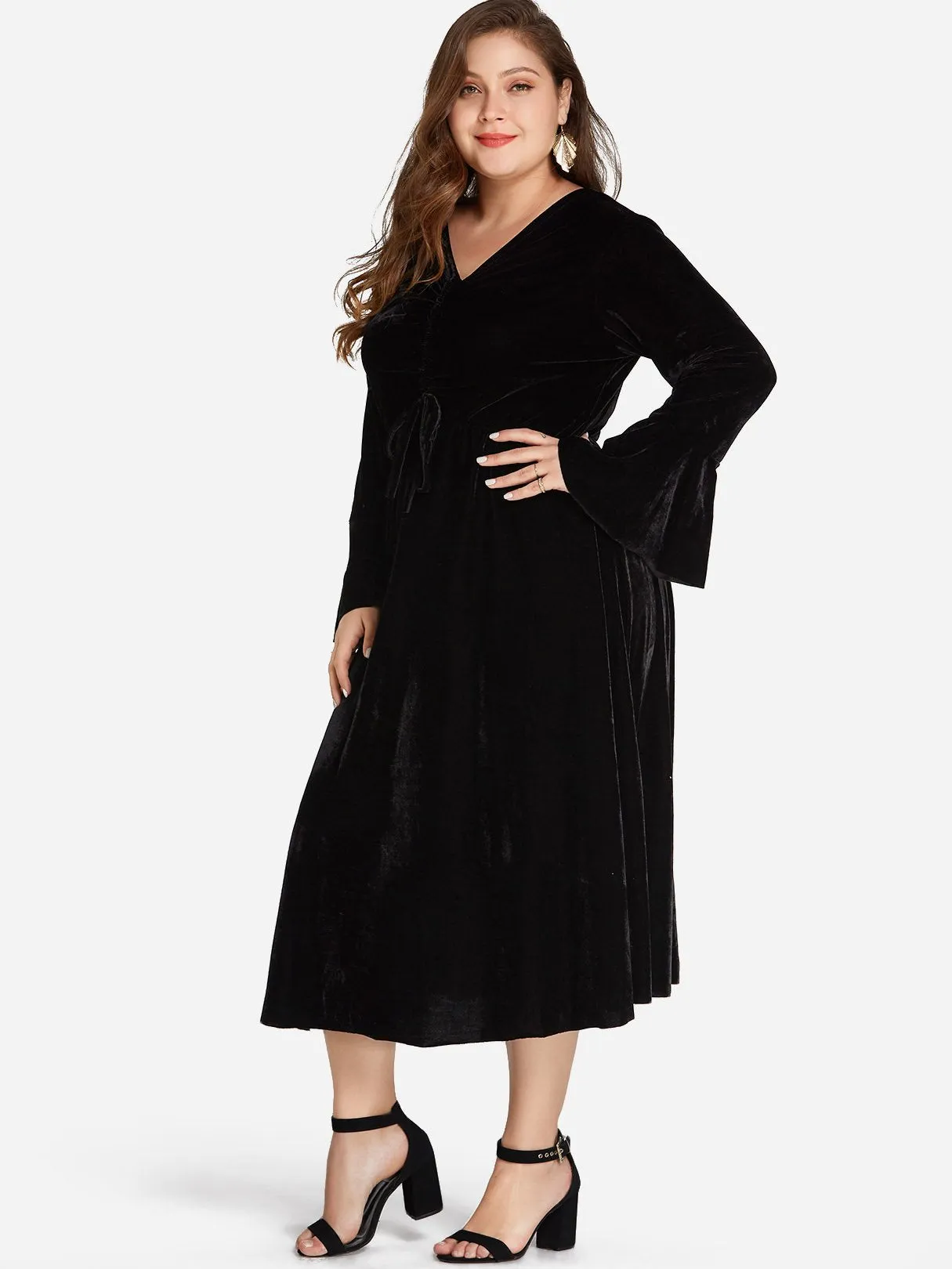 OEM ODM V-Neck Plain Self-Tie Long Sleeve Black Plus Size Dress