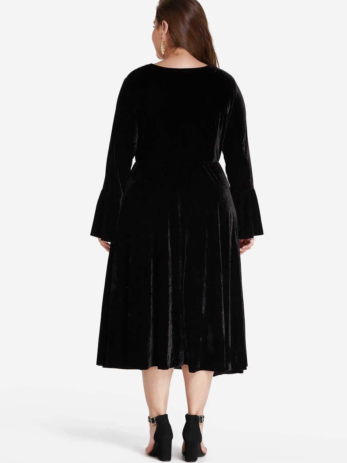 OEM ODM V-Neck Plain Self-Tie Long Sleeve Black Plus Size Dress