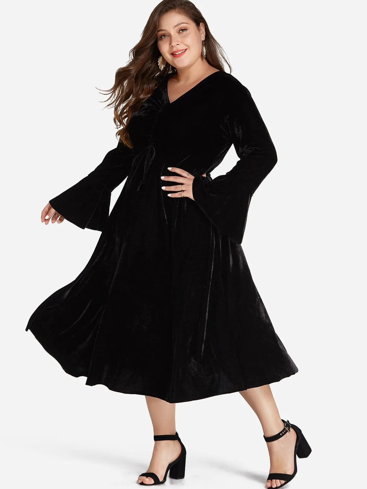 OEM ODM V-Neck Plain Self-Tie Long Sleeve Black Plus Size Dress