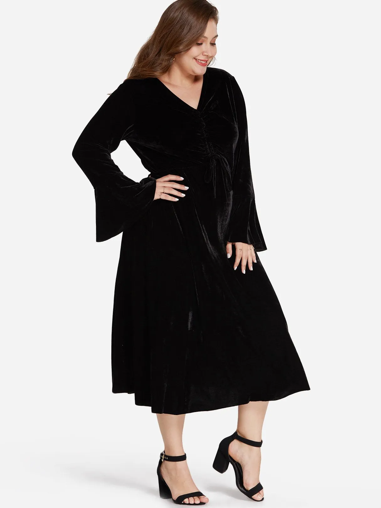 OEM ODM V-Neck Plain Self-Tie Long Sleeve Black Plus Size Dress