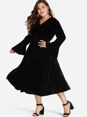 OEM ODM V-Neck Plain Self-Tie Long Sleeve Black Plus Size Dress