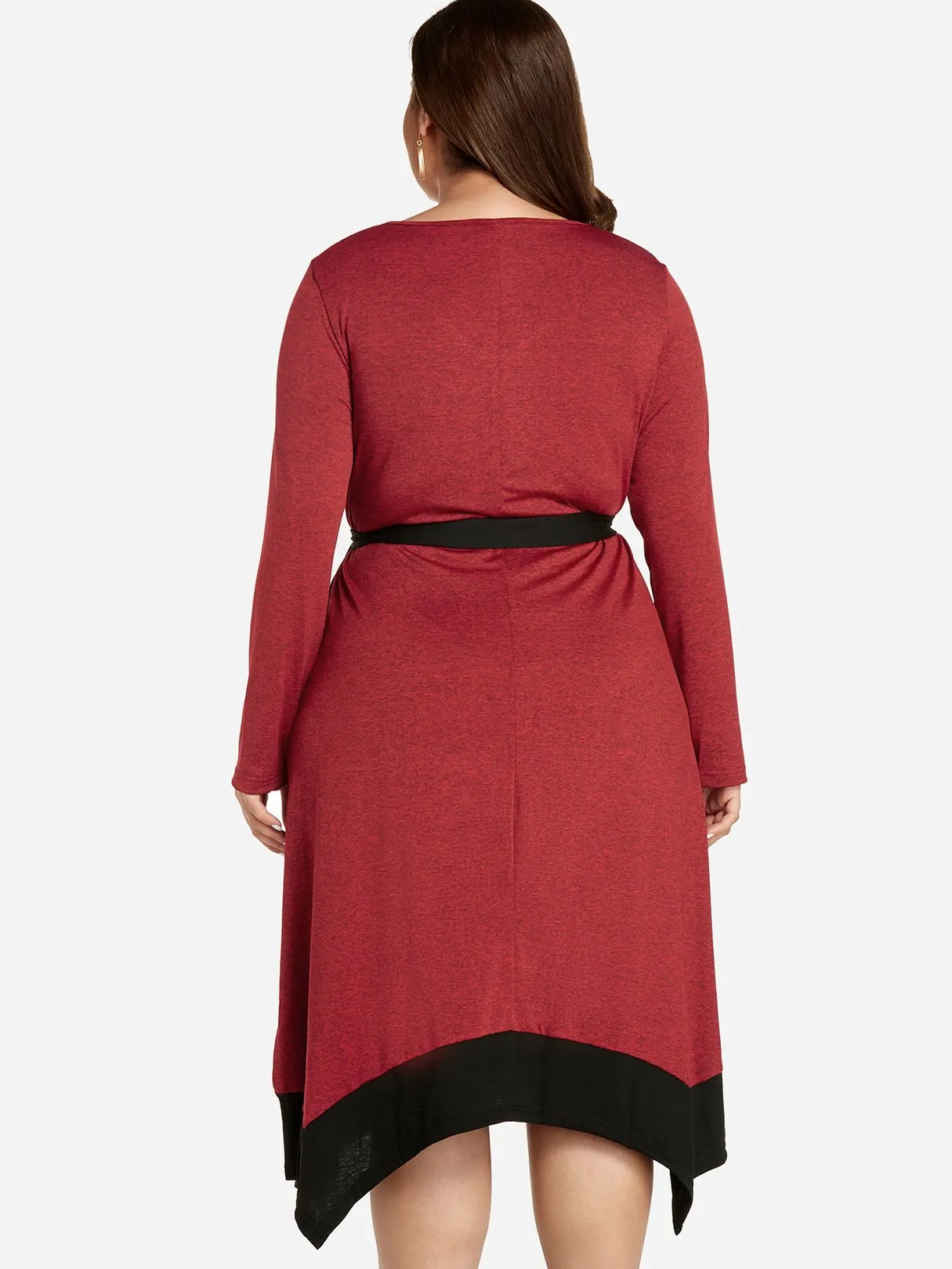 OEM ODM V-Neck Plain Self-Tie Long Sleeve Handkerchief Hem Red Plus Size Dress