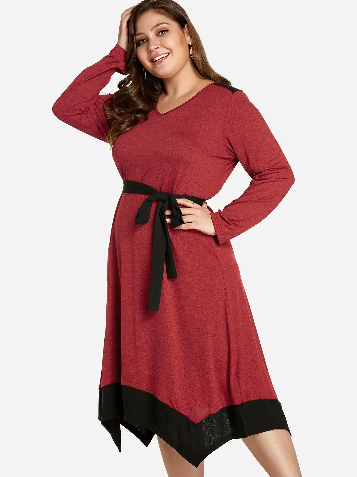 OEM ODM V-Neck Plain Self-Tie Long Sleeve Handkerchief Hem Red Plus Size Dress