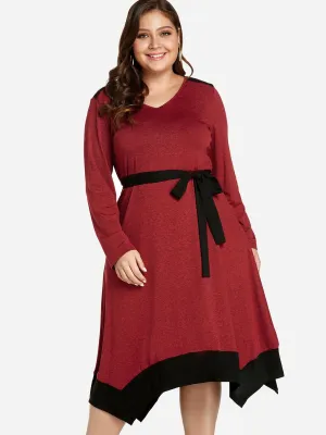 OEM ODM V-Neck Plain Self-Tie Long Sleeve Handkerchief Hem Red Plus Size Dress